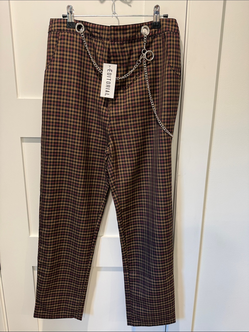 Brown Plaid Ankle Pants with Chain Detail